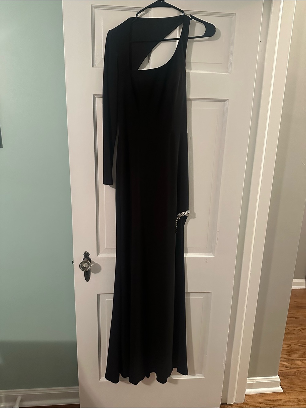 Signature Black One-Shoulder Gown with Crystal Accent